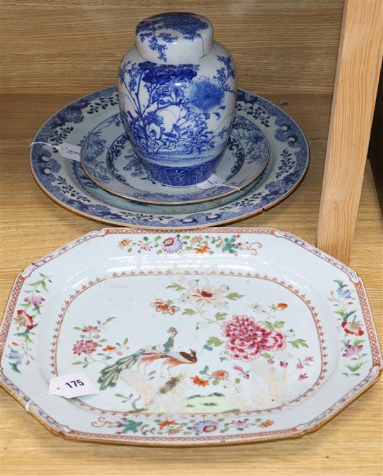 A Chinese famille rose meat platter and four items of blue and white,